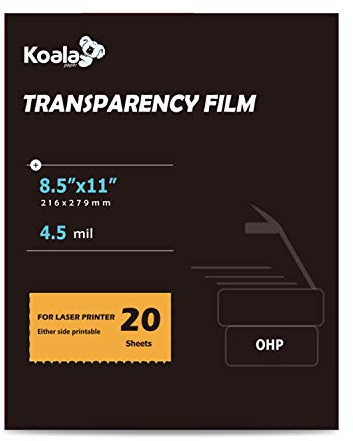 Koala Laser Transparency Film, 8.5x11 Inch, 20 Sheets Transparent OHP Film for Laser Printers, Copiers, for Crafts, Overhead Projectors and Presentations