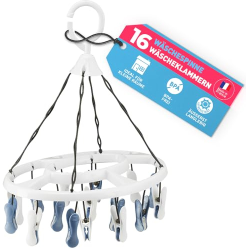 culiclean kleine Wäschespinne Camping, 16x, Weiss mit blau-Weiss | Wäscheständer, Camping Wäschetrockner, Sockenhalter – ohne Abdruck, robust, UV-beständig, wetterfest, Made in France