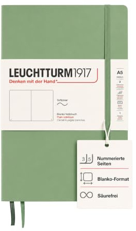 LEUCHTTURM1917 361593 Notizbuch Medium (A5), Softcover, 123 nummerierte Seiten, Salbei, blanko | 123 nummerierte Seiten, Inhaltsverzeichnis, Fadenheftung, chamoisfarben, säurefrei