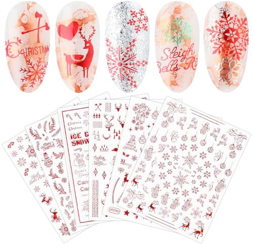 JMEOWIO 9 Blatt Nagelsticker Weihnachten Nagelaufkleber Selbstklebend Roter Schneeflocken Winter Nail Art Sticker Dekoration Nageldesign Zubehör