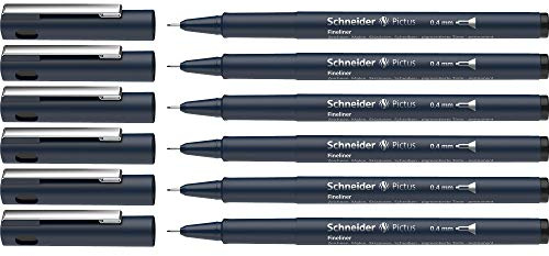 Schneider Pictus Fineliner (Strichstärke 0,4 mm, dokumentenechte Pigmentliner, metallgefasste Spitze, Gehäuse aus 85% recyceltem Kunststoff) 6er Pack, schwarz