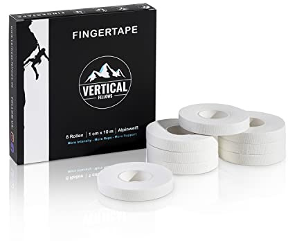 VERTICAL FELLOWS® 8 Rollen Klettertape 10mm breit - DERMATEST sehr gut - mit PDF Tapeanleitung - ideales Fingertape und Sporttape für Klettern Bouldern Kraftsport Handball Kampfsport