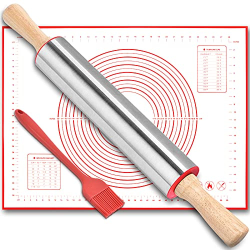 KERYCHIN Rouleau a Patisserie en Inox avec Poignées Bois + Tapis en Silicone avec Marquage de Taille + Pinceau Cuisine Kit, Facile à Laver Laminoir Pizza, Ustensiles pour Pate, Gateau, 43.3cm, Rouge