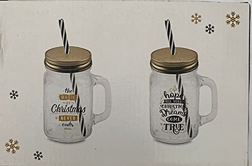 Christmas Set of 2 Drinking Glasses/Mugs with Straws