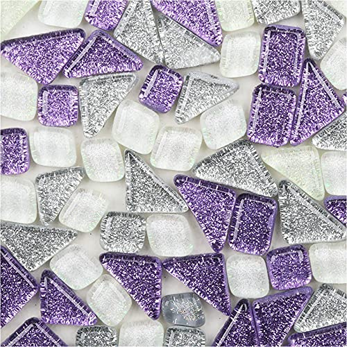 200g Tesselles en Verre Colorées Irrégulière Carreaux de Mosaïque, Morceaux de Mosaïque en Verre pour Loisirs Créatifs, Décoration(Rêve violet)