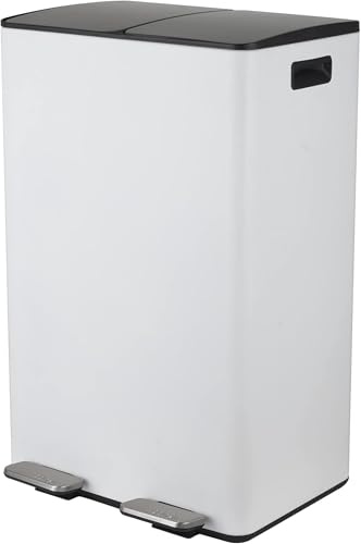 Spirella – 60 l (2 x 30 l) Küchenabfalleimer mit Pedalbetätigung – Modell Aliya – Gebürsteter Edelstahl – Deckel mit Soft-Close-Funktion – Herausnehmbare Eimer – Seitliche Griffe – Mattweiß