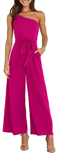 ANRABESS Women Summer Dressy Jumpsuits One Shoulder Sleeveless Casual Wide Leg Pants Romper Jumper 2025 Trendy Fall Outfits Rose Small