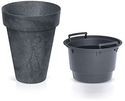 Prosperplast Cube Slim Beton Effect Blumentopf 2 in 1 inkl. Pflanztopf für Innen- und Außenbereich Pflanzkübel UV-beständig Rund Kunststoff (Ø 355mm, Anthrazit)