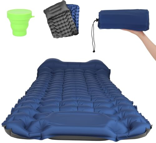 Mochacha Isomatte Camping Selbstaufblasend, Isomatte Selbstaufblasend mit Silikon Faltbare Becher, Fußpressepumpe und Kopfkissen, Wasserdicht, Kompakt und Leicht für den Außeneinsatz
