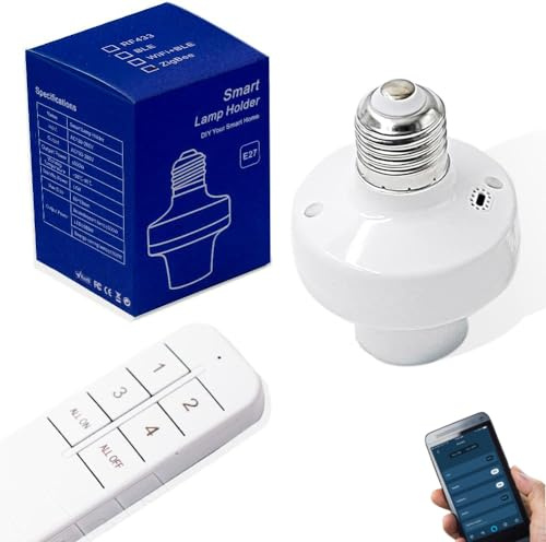 QIACHIP Remote Control Light Socket E26 E27 Bulb Socket Adapter, ZigBee Smart Light Holder Compatible with Alexa Echo Voice Control, Requires Zigbee Hub