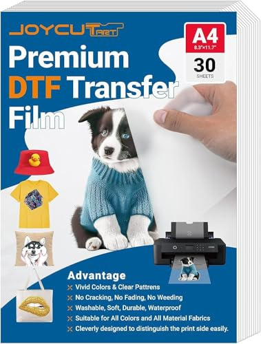 JOYCUT ART DTF Transferfolie – A4 (21.6x29.9 cm), 30 Blatt, doppelseitig, matte Oberfläche, transparente DTF-Folie für DTF Epson Tintenstrahldrucker, direkt zum Filmen von Transferpapier auf T-Shirts
