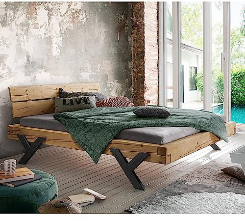 Lomadox Doppelbett Ehebett Bett Echtholz Massivholz, 200x200 cm, Fichte massiv, Holzkopfteil, Schwarze Beine in Y-Form, B/H/T ca. 218/88/228 cm