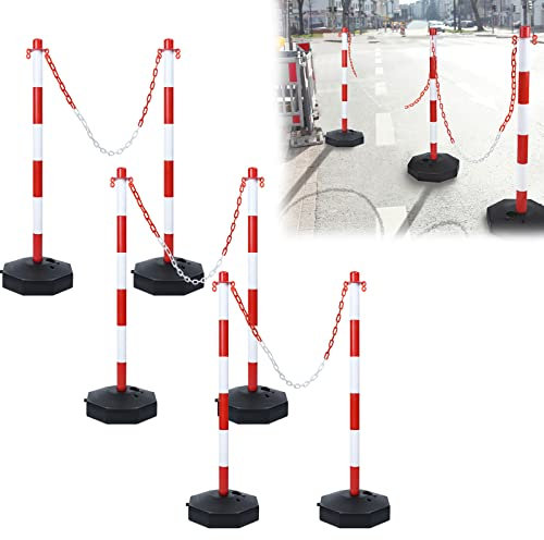 YRHome 6 Stück Absperrpfosten 82x28x28 cm Kettenpfosten aus Kunststoff Absperrung Sperrpfosten mit 6 Absperrketten von 140cm und Standfuß befüllbar mit Wasser und Sand Weiß/Rot Pfosten Kettenständer