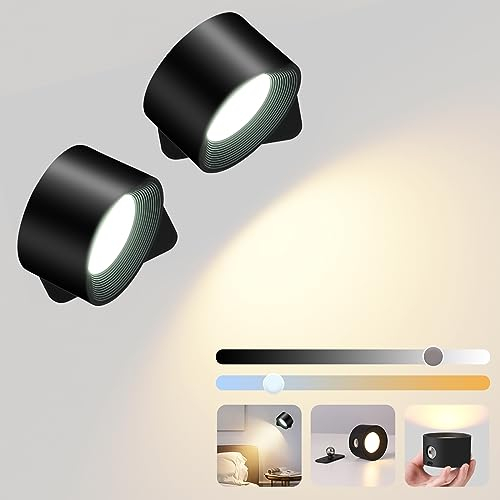 GuKKK LED Wandleuchte Innen, 2 Stück LED Wandlampe mit Akku, Wandlampe innen mit USB-Ladeanschluss, 360° Drehbare Touch Control Wandleuchte, 3 Helligkeitsstufen, für Schlafzimmer, Flur (Schwarz)