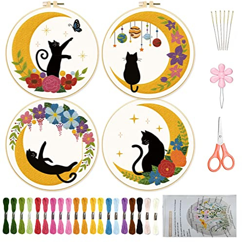 ORIGACH 4 Stück Schwarze Katze Mond Stickerei Starter Kits für Anfänger Erwachsene Katze Mond Blumen Stickerei Kreuzstich Set mit Stickerei Tuch, Stickrahmen, Reifen, Fäden, Nadeln und Anleitung