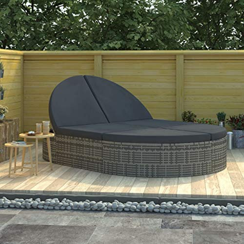 Camerina Doppel-Sonnenliege mit Kissen Garten Doppelliege Liege Outdoor Sonnenliege Rattan Gartenbett Outdoor Liege FüR Garten Poly Rattan Grau
