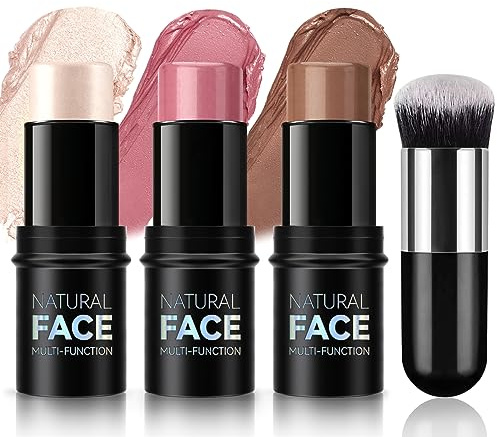 NewBang 3 Pcs Cream Blush Contour Highlighter Stick for Cheeks Eyes Lips Lightweight Dewy Finish Blush Stick Waterproof Long Lasting Contour Stick Trio Wand Face Makeup Set for Girls and Women (2+5+6)