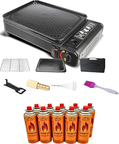 SMH LINE 2-i-1 camping gasgrillset inkl. 8 x gaspatroner campinggrill spis balkong grill bordsgrill resväska gas grill BBQ inkl. tillbehör grillgaller grillpannklämma kassettgrill