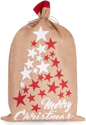 BRUBAKER Weihnachtssack Sterne Weiß Rot - Merry Christmas - 80 cm Geschenksack Weihnachten - Nikolaussack Jutebeutel Sack mit Kordel zum Verpacken von Geschenken - Jutesack