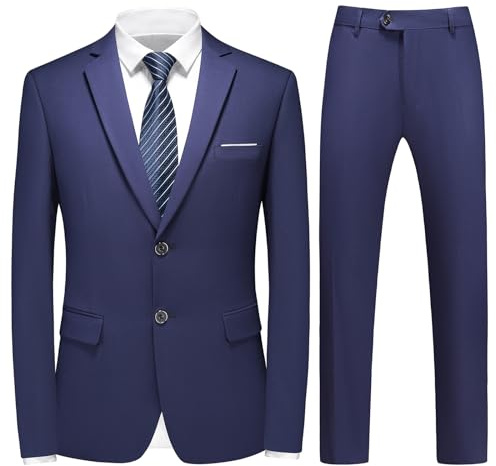 KUDMOL Costume Homme 2 Pièces Mariage Slim Fit d'affaires à Deux Boutons Smokimg Formel Couleur Unie Blazer Veste et Pantalon(Bleu Marin,L)