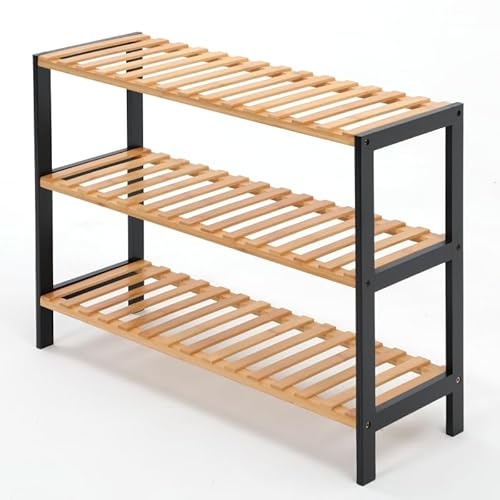 Unibos Bamboo Shoe Bench 3 Tier Shoe Rack Storage Organiser Shoe Racks Storage Shelf Organizer Perfect For Entryway Living Room Hallway Holds Up To 12 Adult Shoes (Black/Natural)