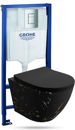 LAVITA | Élément mural Solido + WC suspendu mural Sofi Slim Fire noir sans bord + abattant WC SoftClose | Bouton chromé | Kit complet | Réservoir de chasse encastré | Kit complet | WC complet |