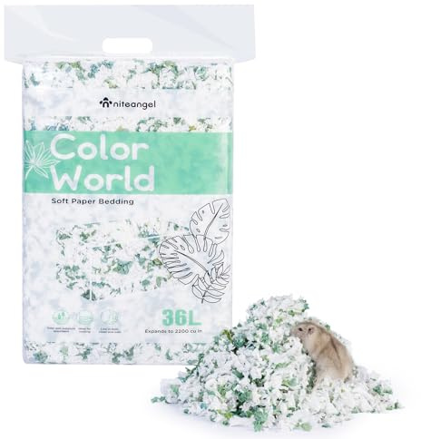 Niteangel Aspen Shaving Litière pour hamsters syriens nains, gerbilles, souris, dégu, rats, lapins, cochons d'Inde, chinchillas, hérissons ou autres petits animaux (36L - Litière en papier blanc/vert)