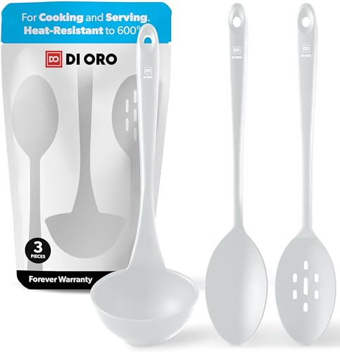 DI ORO Silicone Ladle & Cooking Spoons Set - 600F Heat Resistant, Stone | Wide bowl serves soup, stew, and gravy in one scoop; Large heads for mixing, serving, and stirring