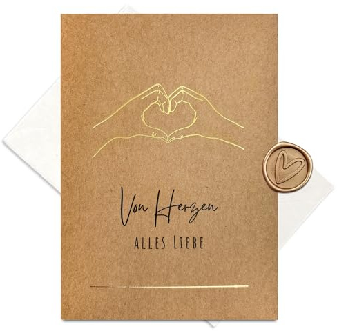 møij Hochzeitskarte Kraftkarton mit goldener Heißfolienprägung Von Herzen | inkl. Briefumschlag & Wachssiegel, edle Heißfolienprägung, Geschenkbeilage