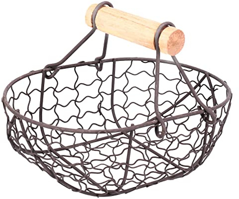Willoghsa PoignéE en Bois MéTal RéTro Panier Portable Multifonction LéGumes LéGumes Oeufs éPicerie Panier de Rangement Pratique Organisateur Noir
