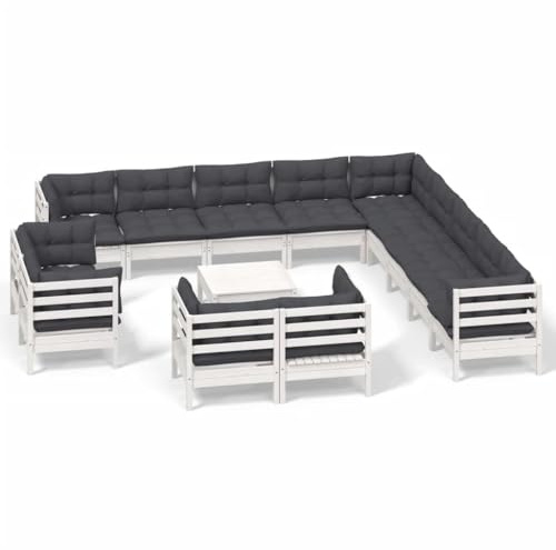 WEMYUFURN 14-TLG. Garten-Lounge-Set mit Kissen Weiß Massivholz Kiefer, Outdoor-Sitzgruppe, Terrassen-Lounge-Set, Garten-Couchgarnitur - Wetterbeständig, Komfortabel - für Terrasse, Garten und Balkon