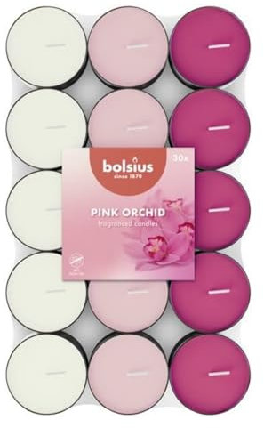 Bolsius - 30 Tealight Profumati - Orchidea Rosa - Durata di Combustione di 3.5 Ore - Diametro 38 mm - Estratti Naturali - Contiene Cera Vegana - Senza Olio di Palma