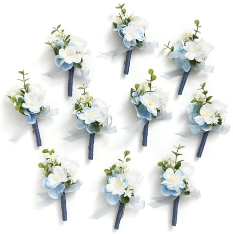 Ling's moment Boutonniere for Men, 10pcs Groomsmen Guest Boutonniere, Artificial Flowers for Wedding Décor/Prom/Homecoming,etc.Blue