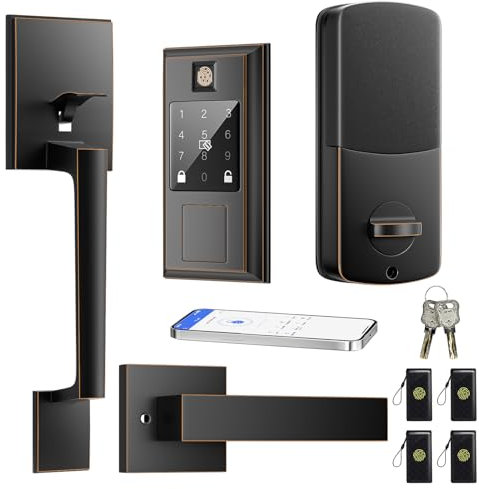 Fingerprint Smart Lock & Front Door Handle Set, Keyless Entry Door Lock with Handle, Auto-Lock, Smart Front Door Lock Set, Bluetooth APP Control, Touchscreen Keypad, Easy Install, Oil Rubbed Bronze