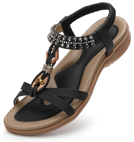 Littleplum Sandalen Damen Sommer Flache Sandalette Bohemia Sandals mit Strass Perlen Freizeit Damen Strand Schuhe Sandalen, Schwarz, 40 EU