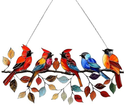 BestAlice Vidrieras de Pájaros en Rama, Vidrieras para Colgar Ventanas, Atrapasueños de Vidrieras de Pájaros, Adorno de Vidrieras para Decoración de Ventanas de Pared del Hogar,