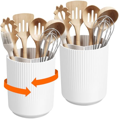 Lifewit Soporte de Plástico para Utensilios de Cocina de 15 x 19 cm, Organizador de Cubiertos con Agujeros de Drenaje y Base Antideslizante, porta Cuchara, Espátula, Set of 2, Blanco