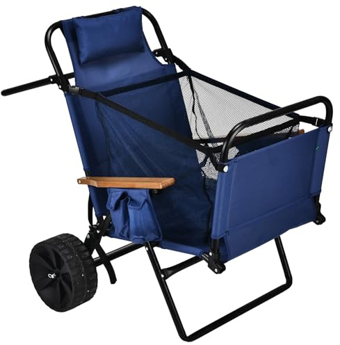 FREETOUR Beach Chair Cart with Wheels 2 in 1 Folding Lounge Chair & Wagon Cart Large Wheels for Beach Pool Backyard Picnic and Sunbathing