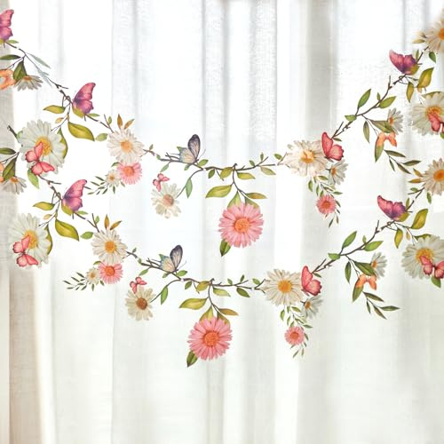 EASY JOY Lote de 2 Guirnaldas de Margaritas Impermeables, Banner Floral con Mariposas Rosa-Blanco, Decoración Floral Impresa Pet Reutilizable Interior Exterior, Baby Shower Cumpleaños
