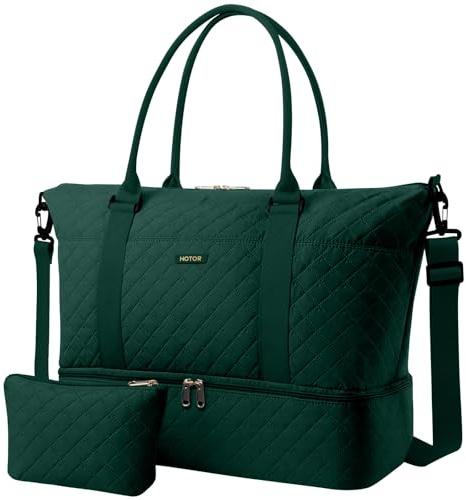 HOTOR Travel Duffel Bag - Weekender Bags for Women, Carry On Gym Tote Bags | with Toiletry Bag & Shoe Compartment, Overnight Bag for Travel Essentials, Travel Accessories, Dark Green, 13.4×17.3×7.9