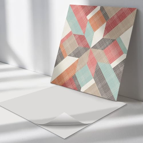 Vinyl Fliesen Quadratisch 30x30 cm Wand und Boden PVC für Küche und Badezimmer Wasserfest Selbstklebend 9 Stück Küchenrückwand Bodenbelag Fliesenaufkleber - Geometrie in bunten Formen