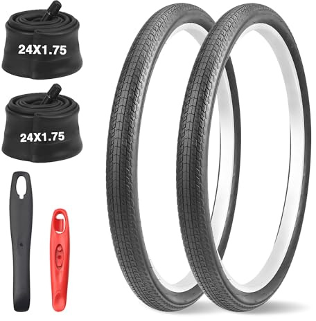 GRELiving 20/24/26 x 1,75 cykeldäckset, 2-pack mountain bike-däckersättningskit med AV35 mm inre slangventil och cykeldäckspakar, BMX-däck gummi MTB-däck för hårda vägar (24 x 1,75 set)