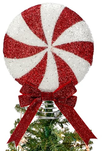 Christmas Candy Tree Topper with Bow, 20cm Peppermint Candy Christmas Tree Topper with Bow Tinsel Christmas Decoration Sparkly Candy Ornament for Xmas Tree Holiday Party Festive Home Decor (Red White)