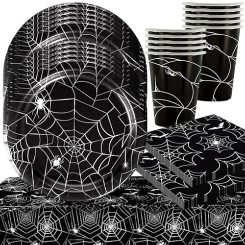 Halloween Spinnwebe Papier Teller, 49PCS Geschirr Set,Halloween Spinnennetz Party Dekoration,Grusel Party, Teller, Becher, Servietten, Tischdecke (49PCS, 12Gäste)