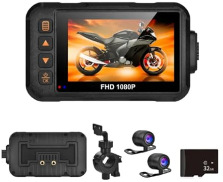 Agwuoetr Set Telecamera per Moto Impermeabile 1080P, DVR Dashcam per Moto, 3.0 Pollici, Videocamera Anteriore e Posteriore, Kit Registratore Video per Moto