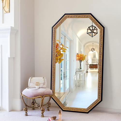 Autdot Octagon Gold Mirror, 51.5x28 Black Vintage Wall Mirror with Gold Foil Carvings Wooden Frame for Bathroom, Living Room, Entryway and Bedroom