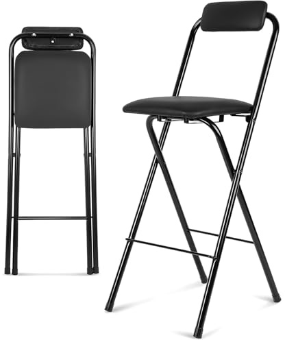 Generico Sgabello da Bar Nero Pieghevole Con Schienale e Poggiapiedi, Portata 120kg, Sedia Alta for Cucina, Balcone, Campeggio(60cm/24in)