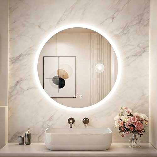 LUVODI Espejo Baño Redondo con Luz LED, 60 x 60 cm Espejos de Baño, Espejo Pared con 2 Interruptor Táctil, Función Antivaho, Luz Regulable de 3 Colores, Función de Memoria, Impermeable IP66
