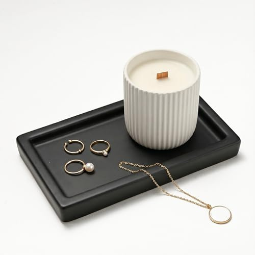 Vassoio da bagno nero in ceramica artigianale, resistente all’umidità. Dimensioni 7.4x5.1 inch Ideale per sapone, profumi e gioielli, forma rettangolare con 4 cuscinetti antiscivolo