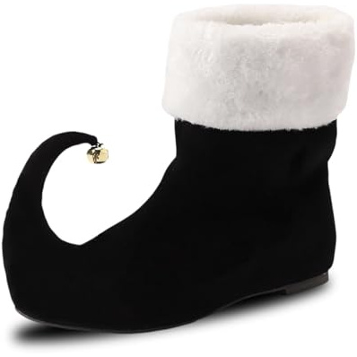 Scarpe Clown d'Elfo Stivali di Natale da Uomo Donna Stivali Metà Mollet Piatti con campane, Scarpe Pugno Invernali con Polsini Bianchi, Accessori Cosplay Natale per Carnevale, Le Noir, 41 EU